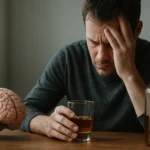 Muž s pohárom alkoholu a modelom mozgu, vyjadrujúci úzkosť.