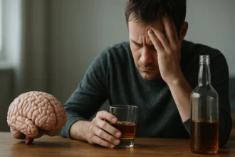 Muž s pohárom alkoholu a modelom mozgu, vyjadrujúci úzkosť.