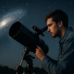 Muž pozorujúci vzdialenú galaxiu cez Newtonov ďalekohľad.