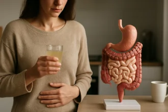 Žena drží pohár zdravého nápoja pred modelom tráviaceho systému.