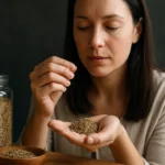 Žena s rascou v ruke, skúma a vychutnáva zdravé korenie.