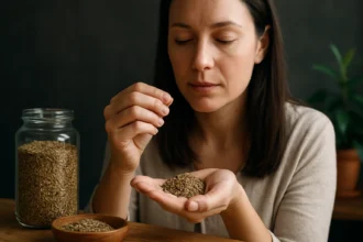Žena s rascou v ruke, skúma a vychutnáva zdravé korenie.