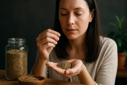 Žena s rascou v ruke, skúma a vychutnáva zdravé korenie.