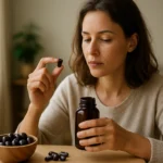 Žena užíva kapsulu z acai bobúľ, zdravý doplnok stravy.