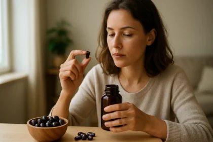 Žena užíva kapsulu z acai bobúľ, zdravý doplnok stravy.