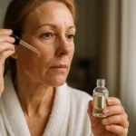 Žena aplikuje retinol na pleť, sedí v osvetlenej miestnosti.