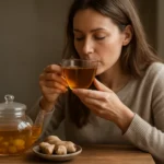 Žena vychutnáva zázvorový čaj z pohára pri stole.