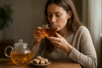 Žena vychutnáva zázvorový čaj z pohára pri stole.