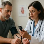 Lekár kontroluje krvný tlak pacienta počas vyšetrenia.