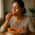 Žena si vychutnáva čerstvý papájový plod pre jeho zdravotné výhody.