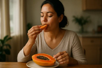 Žena si vychutnáva čerstvý papájový plod pre jeho zdravotné výhody.