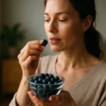 Žena vychutnáva čučoriedky z misky, symbol zdravého životného štýlu.