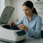 Žena pracuje s odstredivkou v laboratóriu.