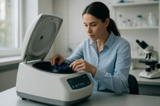 Žena pracuje s odstredivkou v laboratóriu.