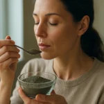 Žena práve konzumuje alginit na podporu zdravia.