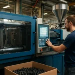 Operátor ovládajúci vstrekovací lis pre výrobu plastových dielov