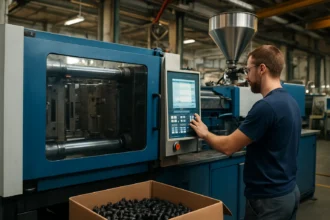 Operátor ovládajúci vstrekovací lis pre výrobu plastových dielov