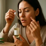 Žena skúša čajovníkový olej na akné so zväčšovacím kvapkadlom.