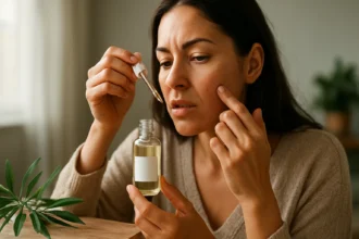 Žena skúša čajovníkový olej na akné so zväčšovacím kvapkadlom.