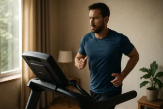 Muž behajúci na bežeckom páse v domácnosti zameraný na výkon.