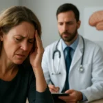 Žena s bolesťou hlavy v kancelárii lekára, ktorý hodnotí jej stav.