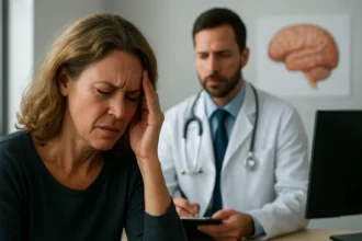 Žena s bolesťou hlavy v kancelárii lekára, ktorý hodnotí jej stav.