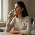 Žena pije liečivú vodu, ktorá prispieva k zdraviu a regenerácii.