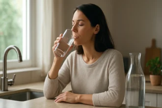 Žena pije liečivú vodu, ktorá prispieva k zdraviu a regenerácii.