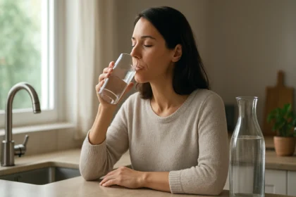 Žena pije liečivú vodu, ktorá prispieva k zdraviu a regenerácii.