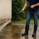 Muž čistí chodník pomocou vysokotlakového čističa.