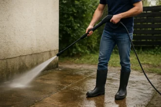 Muž čistí chodník pomocou vysokotlakového čističa.