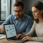 Dvojica profesionálov diskutuje o uzlovom jazere na laptopu.