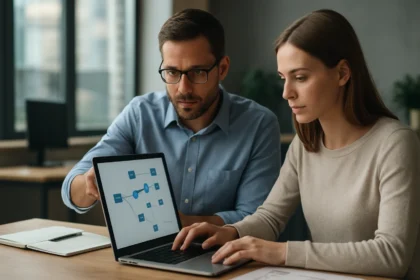 Dvojica profesionálov diskutuje o uzlovom jazere na laptopu.