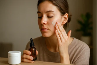 Žena nanáša krém na tvár s použitím prírodných metód na omladenie pokožky.