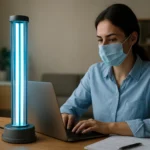 Žena s rúškom pracuje pri stole s germicídnou lampou.