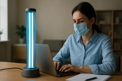 Žena s rúškom pracuje pri stole s germicídnou lampou.