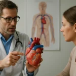 Lékař vysvětluje funkci srdce pacientce pomocí modelu srdce.
