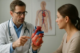 Lékař vysvětluje funkci srdce pacientce pomocí modelu srdce.
