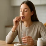 Žena berúca magnézium-citrát s pohárom vody v pohodlnom prostredí.