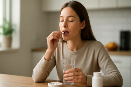 Žena berúca magnézium-citrát s pohárom vody v pohodlnom prostredí.