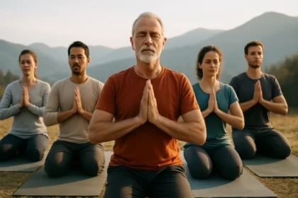 Skupinové cvičenie 5 Tibeťanov na vonkajšom posedení