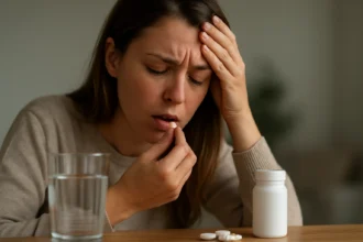 Žena s bolesťou hlavy berie tabletku a vyzerá znepokojene.