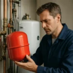 Muž skúma červenú expanznú nádobu v systéme vykurovania.