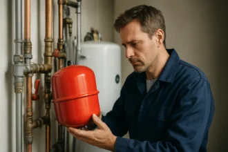 Muž skúma červenú expanznú nádobu v systéme vykurovania.