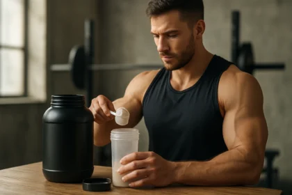 Muž pripravuje objemový doplnok pre svalový rast
