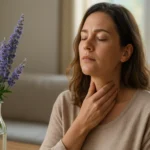 Žena s dlhými vlasmi sa dotýka hrdla, zatiaľ čo relaxuje s kvetmi.