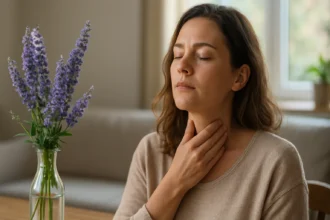 Žena s dlhými vlasmi sa dotýka hrdla, zatiaľ čo relaxuje s kvetmi.