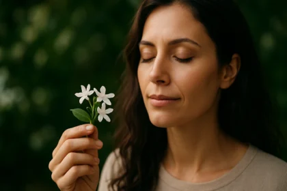 Žena s kvetmi jazmínu, vyžarujúca pokoj a energiu.