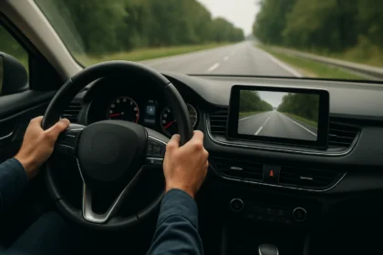 Ručné ovládanie volantu v aute s navigačným displejom.