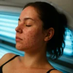 Žena s akné relaxuje v soláriu, pozadie s modrým svetlom.